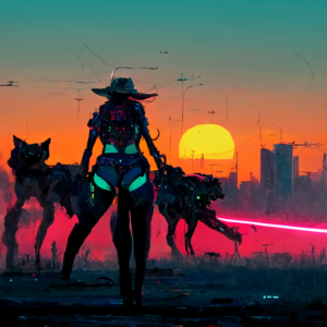 conduit_bikini_cowboy_girl_pack_of_wolves_fighting_battle_robot_f4967d1f-5679-4213-8282-4503aece60ae