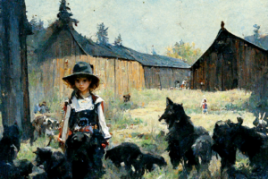 conduit_cowboy_girl_in_front_of_old_barn_surrounded_by_pack_of__81584c06-45d6-4145-a0bd-12dcf9384af1