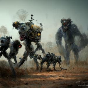 conduit_humanzee_battle_robot_attacking_pack_of_hyenas_e80899a9-7169-47c6-a83e-32472b4c4acb-1
